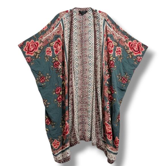 Angie Women’s Floral Boho Kimono Duster Cardigan Green Red Print Rayon large - Picture 1 of 8